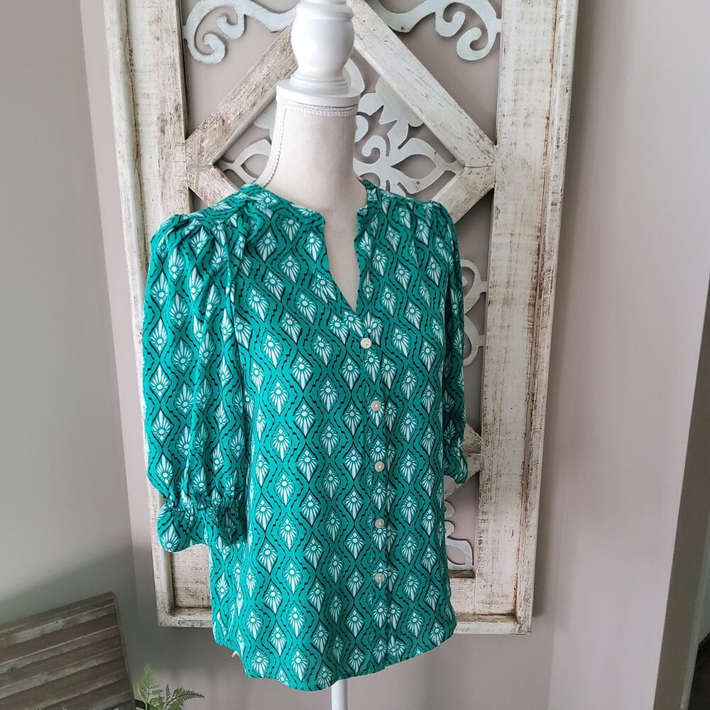 NY Collection Women's Petite Short Balloon Sleeve Button Front Blouse Top Geo